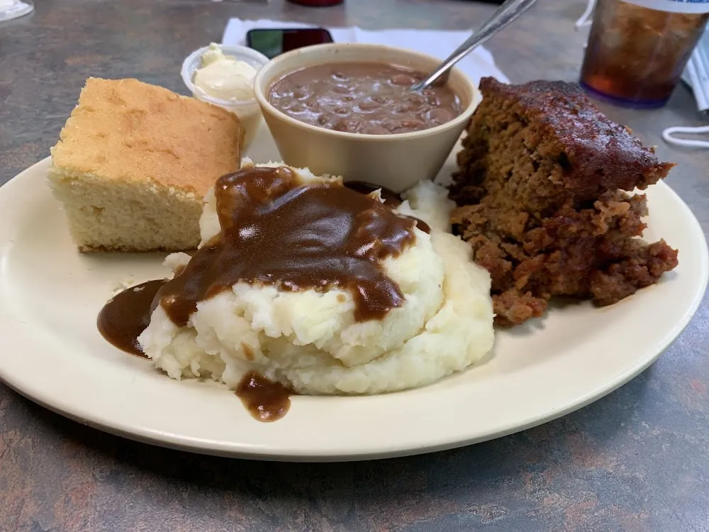 Meat Loaf Mashed Potatoes and Gravy and Pinto Beans