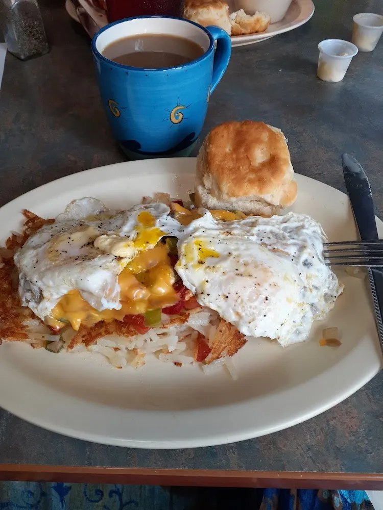 Veggie Hash Browns Topped with Two Eggs